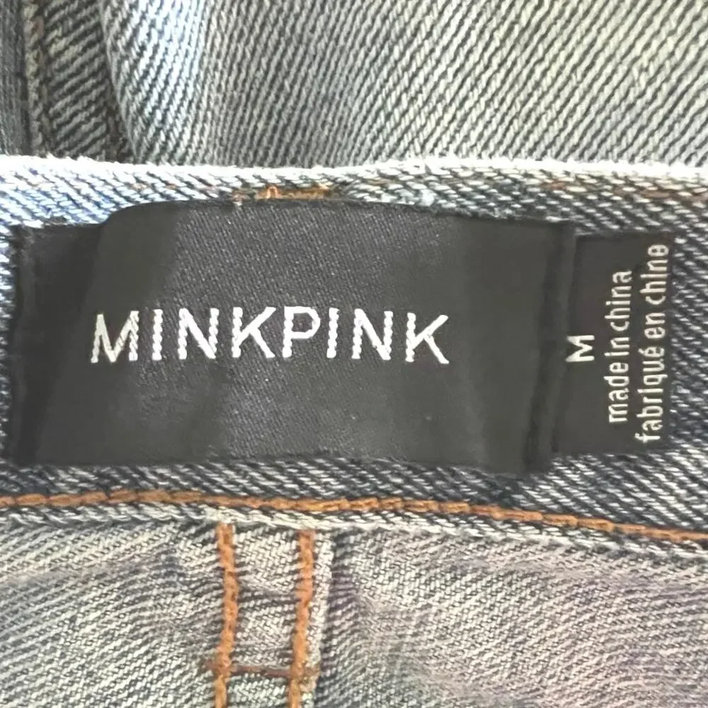 MinkPink women’s M shorts cutoff distressed patched denim button fly 5 pocket